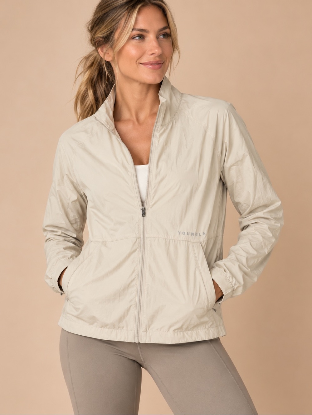 YoungLA Men’s Cream Lightweight Full Zip Performance Jacket Size M
